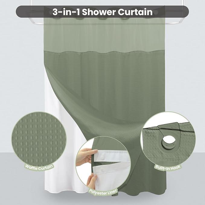 Inhousolu Extra Long No Hook Shower Curtain with Snap in Fabric Liner Set Waffle Weave 230GSM Weighted Hem, Waterproof & Washable Bathroom Curtain Spa with Mesh Top Window 72" W x 84" L Sage Green