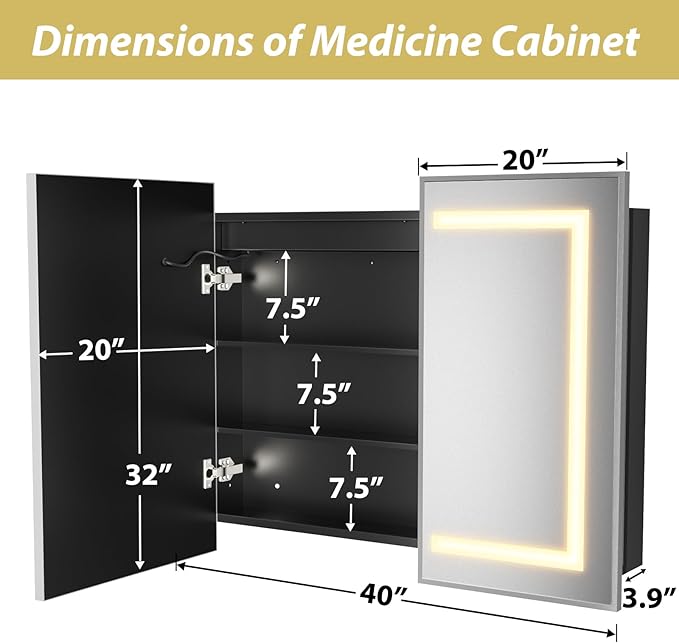 APRILSOUL 40X32 Inch Silver Bathroom Medicine Cabinet with Mirror, Recessed or Surface Lighted Medicine Cabinet with 3 Colors Temperature, Dimmable Light