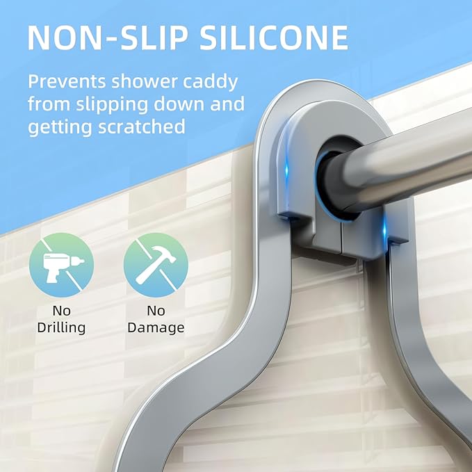 Kadolina Bathroom Hanging Shower Organizer, Over Head Shower Caddy Shower Storage Rack Basket with Hooks for Razor and Sponge Rustproof, Silver [Patented]