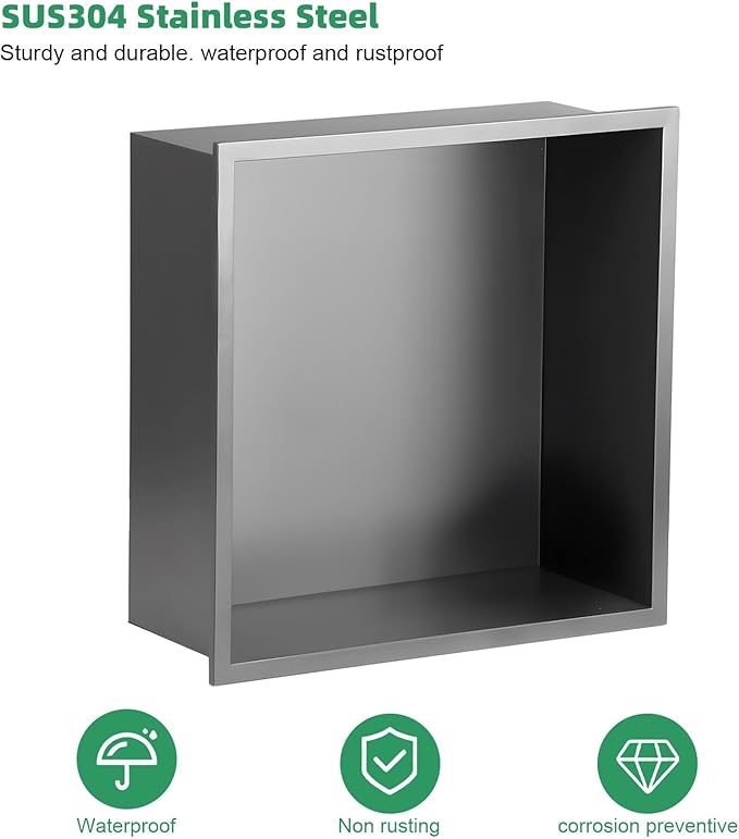 SaniteModar Shower Niche, Stainless Steel Shower Niche 12" X 12" No Tile Needed, Recessed for Bathroom Storage, Gray (Gray, 12x12)