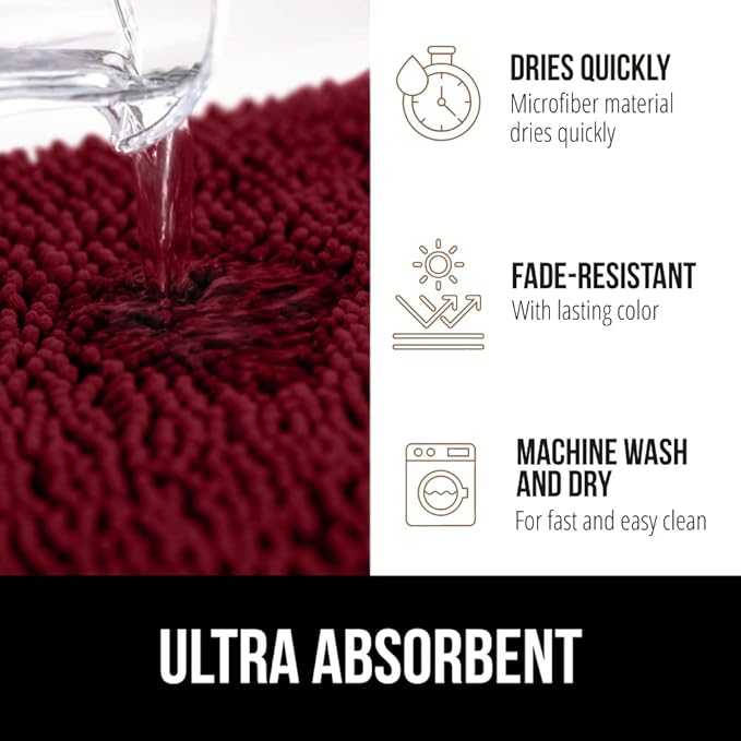 GORILLA GRIP Bath Rug Mat 48x17, Soft Absorbent Chenille, Quick Dry Microfiber Mats, Rubber Backing Washable Shower Floor Rugs, Bathmat Runner, US Designed Bathroom Home Decor Accessories Burgundy