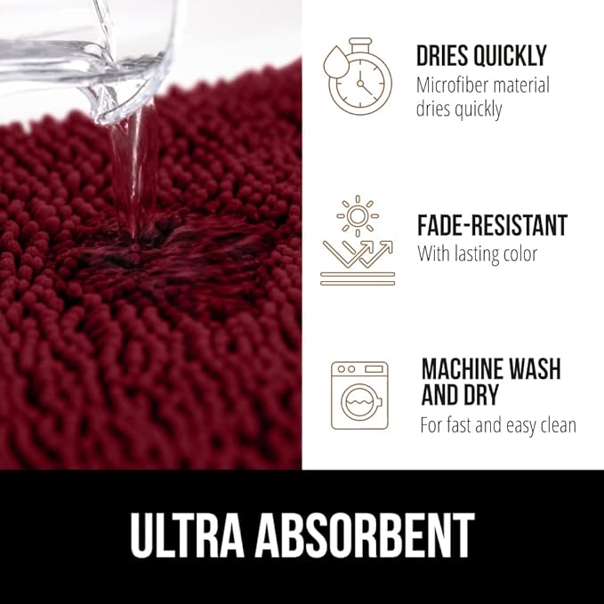 GORILLA GRIP Bath Rug Mat, Soft Absorbent Chenille, Quick Dry Microfiber Mats, Rubber Backing Washable Shower Floor Rugs, Bathmat Runner, US Designed Bathroom Home Decor Accessories 24x17, Burgundy