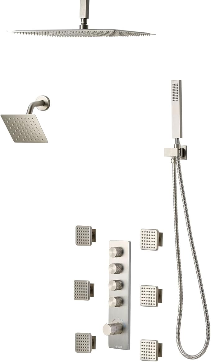 VEVOR Shower Faucet Set, 16 Inch Thermostatic Ceiling Mount Rainfall Shower System with 6 Inch Wall Mount Head, 6 Body Jets and Handheld Spray, Dual Rain Head Brass Valve and Trim Kit, Brushed Nickel