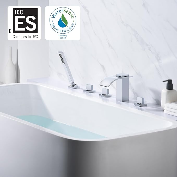 SUMERAIN Waterfall Roman Tub Faucet with Handheld Sprayer, Deck Mount Bathtub Faucet Chrome Finish