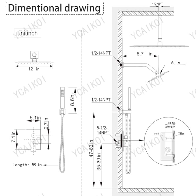 Shower Faucet Set Polished Chrome Shower System, Knob Switch Diverter Shower Faucet with High Pressure Handheld Spray, Ceiling Mount 12 Inch Shower Head with 6 Inch Wall Mount Shower Head