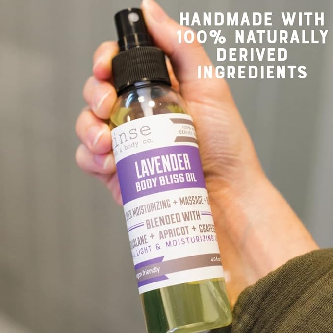 Rinse Bath & Body Moisturizing Lavender Body Oil Moisturizer Spray - Natural Lightweight Fast Absorbing with Squalane, Grapeseed, Apricot & Vitamin E Oil for All Skin Types, 4 fl oz