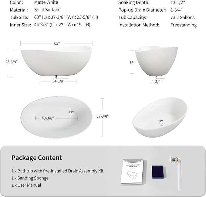 Abruzzo 63" Matte White Freestanding Solid Surface Bathtub - Stone Resin Soaking Tub, cUPC Certified