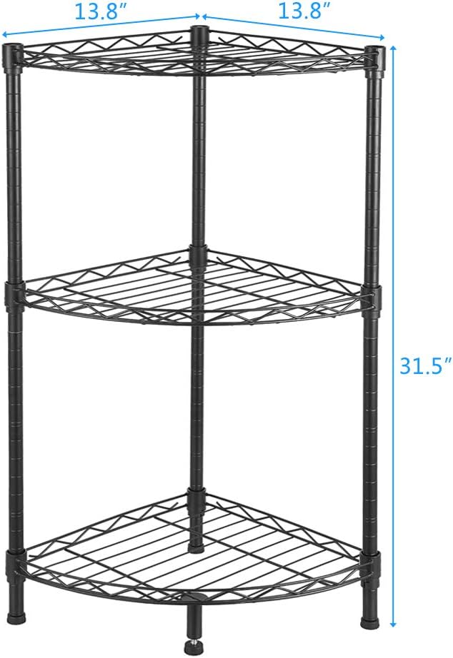 3 Tier Storage Racks Shelving, Heavy Steel Pantry Shelves, Adjustable Wire Shelving Rack Corner, Suitable for Garage, Kitchens, Bathroom, Offices, 13.8" W x 13.8" D x 32" H, Black
