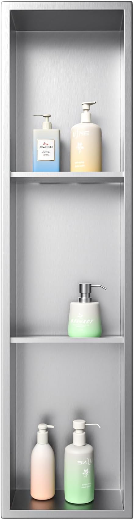 Stainless Steel Shower Niche 8"×36" with 3-Tier Shelves Brushed No Tiled Needed Niche Shower for Bathroom Wall Recessed Shower Shelf for Storage
