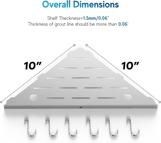 Corner Shower Shelves, 10" Silver 304 Stainless Steel Recessed Shelf for Bathroom，Grout in Shelf with Hooks for Tiled Wall 2 Pack (Silver)