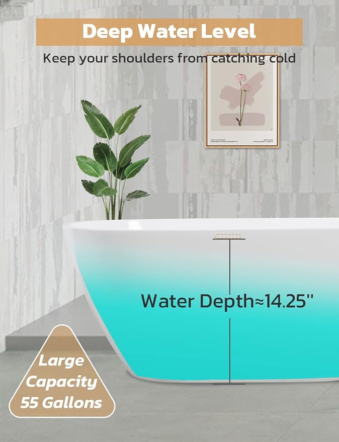 Acrylic Bathtub 59 Inch, Freestanding Deep Soaking Bath Tub with Brushed Overflow and Drain, Contemporary Gloss White Freestanding Bathtub
