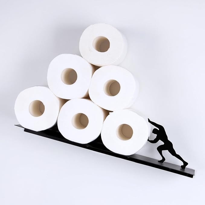 Multifunctional Wall-Mounted Toilet Paper Holder Shelf – Heavy-Duty Metal Bathroom Storage & Decorative Art – Towel Rack, Tissue Organizer & Plant Display (Black)