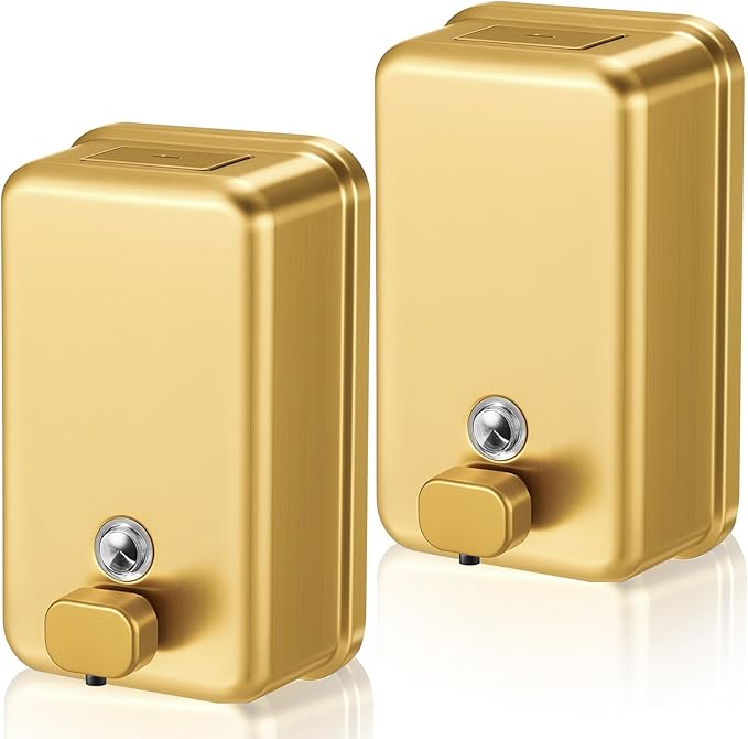 Maxdot 2 Pcs 37 oz/1100 ml Commercial Stainless Steel Soap Dispenser Wall Mount with Corrosion Proof Lining and Manual Anti Leak Pump for Home Bathroom Accessories Kitchen (Gold)