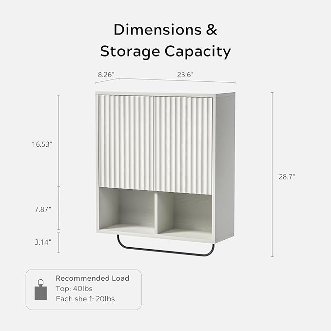 Bathroom Wall Cabinet, Fluted Wooden Medicine Cabinet Storage with 2 Doors, Adjustable Shelf and Towels Bar, Modern Wall Mount Large Floating Cabinet for Kitchen Laundry Room White