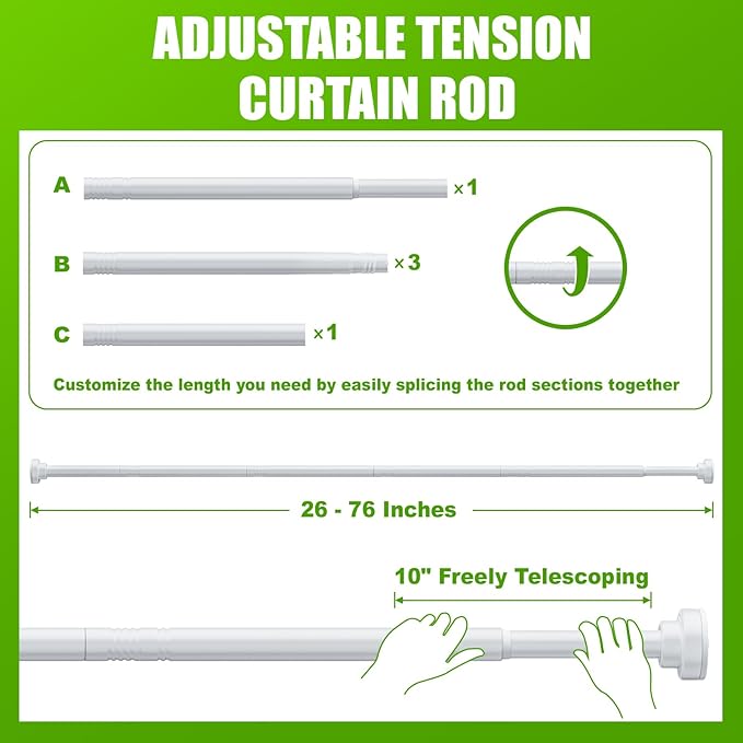 Ausemku Shower Curtain Rod Tension - 26-76 Inch Never Rust Non-Slip Spring Tension Curtain Rod No Drilling Stainless Steel Curtain Rod Use Bathroom Kitchen（White）