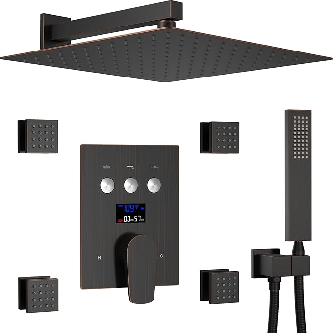 Shower System Oil Rubbed Bronze Shower Faucet Set 12 Inch Wall Mounted Full Body Rain Shower System with Body Jets, Handheld Spray, Digital Temperature Display Shower Valve