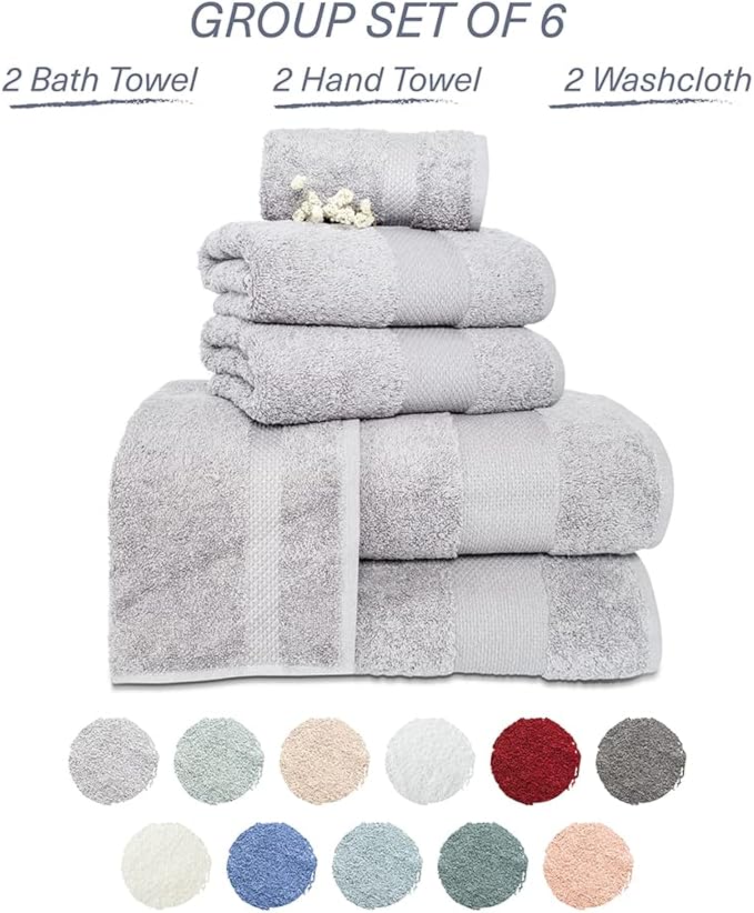 Hencely 6-Piece Bath Towel Set - High Absorbency, Quick Drying - 100% Soft Turkish Cotton - 2 Bath Towels, 2 Hand Towels, 2 Washcloths - for Bathroom, Home, Hotel, Spa, and Gym - 6-Pack Silver