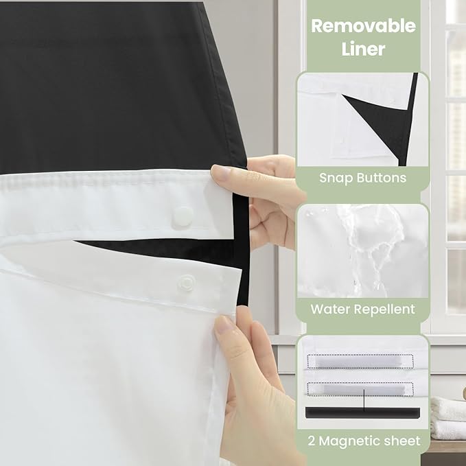 Inhousolu Extra Long No Hook Shower Curtain with Snap in Fabric Liner Set Waffle Weave 230GSM Weighted Hem, Waterproof & Washable Bathroom Curtain Spa Luxury with Mesh Top Window 72" W x 84" L Black