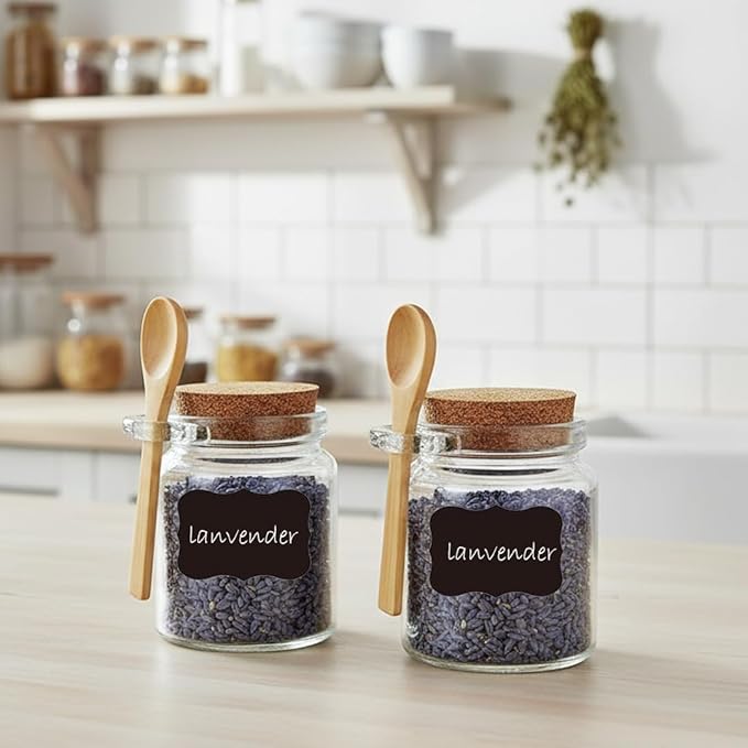 Ahhute Glass Sugar Scrubs Jars, Bath Salt Container 8oz, Salt Cellar with Spoon, Honey Scrubs Jars w/Lids, Labels and Cleaning Brush, Set of 12