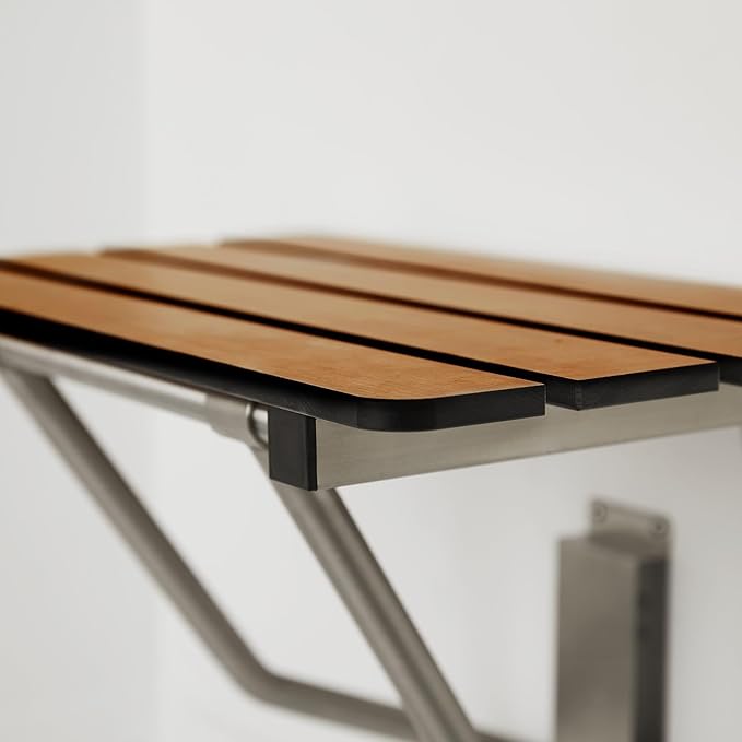 Seachrome 18-inch x 15-inch in ADA Folding Wall Mount Bathroom Shower Seat Bench, Teak Phenolic Seat