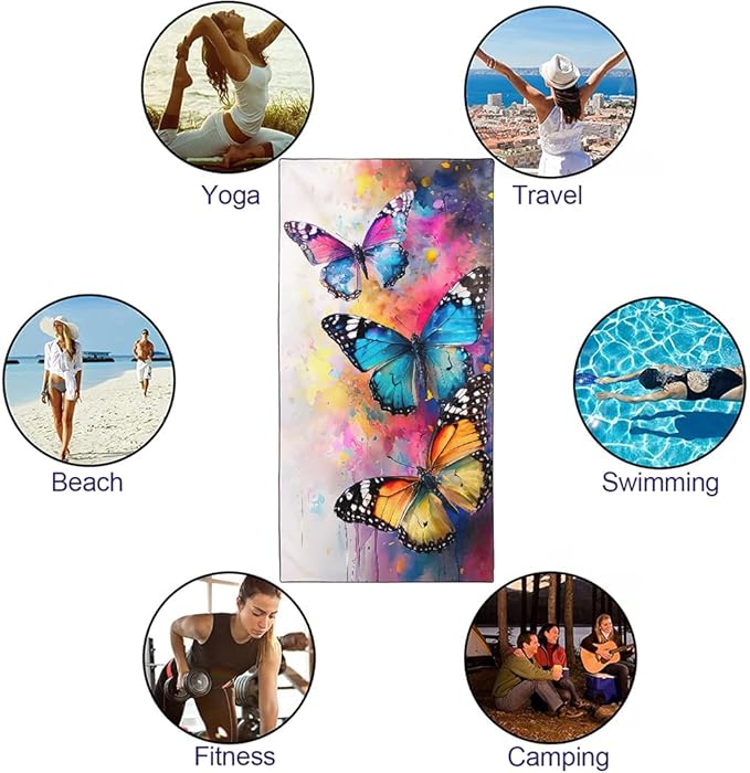 Artistic Watercolor Butterfly Beach Towel 36"x72" Quick-Dry Soft Microfiber Pool Camping Travel Towel