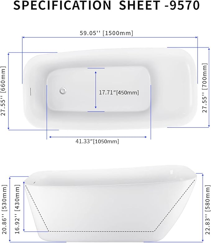 59" Acrylic Freestanding Bathtub, Single Slipper Free Standing Tub, Soaking Tub with Integrated Slotted Overflow, Toe-Tap Chrome Drain, cUPC Certified, Glossy White