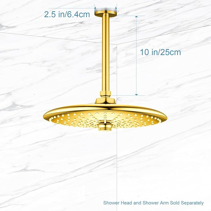 OFFO Shower Arm with Flange, Bright Gold 10 in Ceiling Mount Replacement Rain Shower Head Straight Arm Ceiling-Mounted For Fixed Shower Head & High Pressure Rain