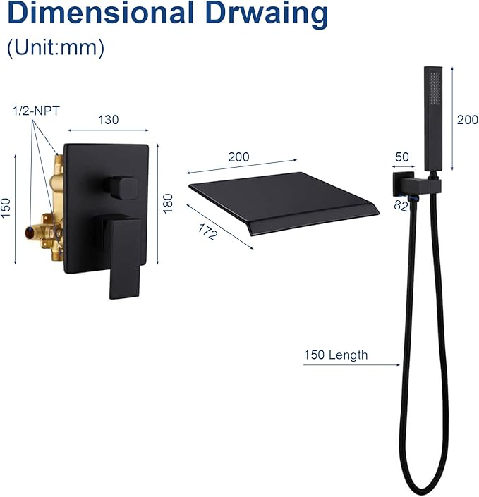 Taplong Wall Mount Tub Faucet with Waterfall Tub Spout Wall Mounted Tub Filler with Handheld Sprayer Black Bathtub Faucet Solid Brass Single Handle Shower Faucet Set with High Flow Rough in Valve