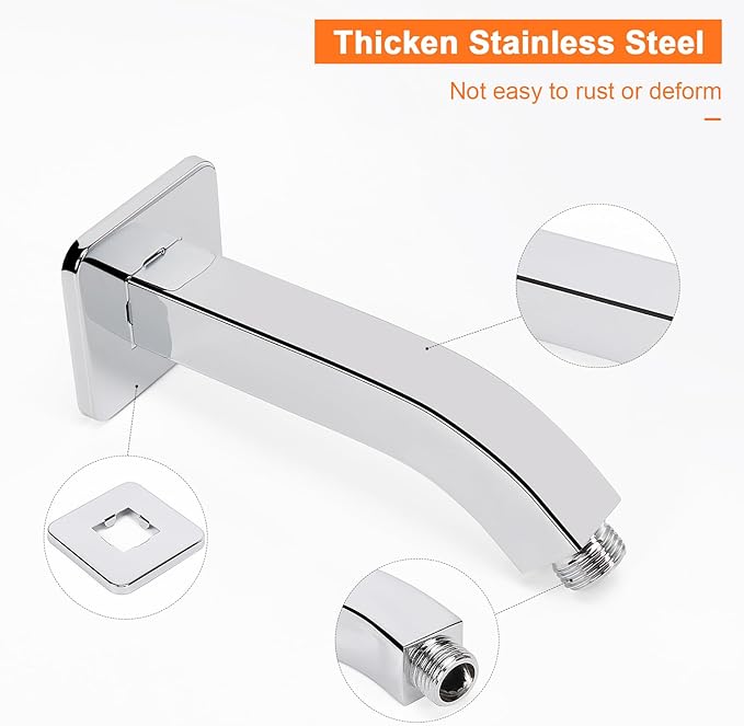 HarJue Shower Arm with Flange and Teflon Tape, Wall Mounted Square Shower Pipe 304 Stainless Steel Extension Arm for Fixed Shower Head & Handheld Shower (6 Inch, Chrome)
