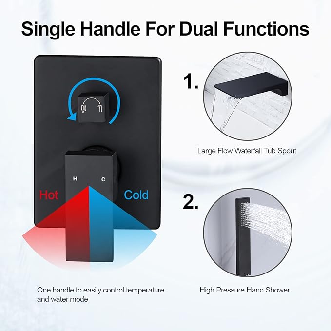 Roman Tub Filler Faucet with Waterfall Spout Wall Mounted Single Handle Bathtub Shower Faucet with Hand Shower Wall Mount Waterfall Tub Faucets Sets, Matte Black