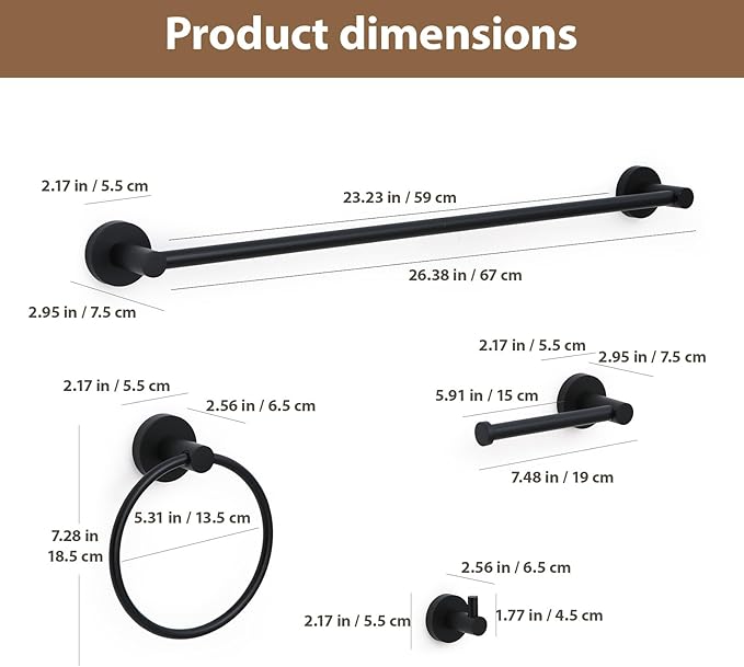 Matte Black Bathroom Hardware Set 4 Piece Towel bar Set,Towel Rack for Bathroom Wall Mounted Adjustable Expandable 24 inch Towel Holder Robe Hook Towel Ring Toilet Paper Holder