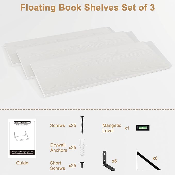 Fun Memories Extra Long Floating Wall Shelves, 48 x 8 Inches, Set of 3 Large Wood Floating Bookshelves with Metal Brackets for Storage & Display (White)