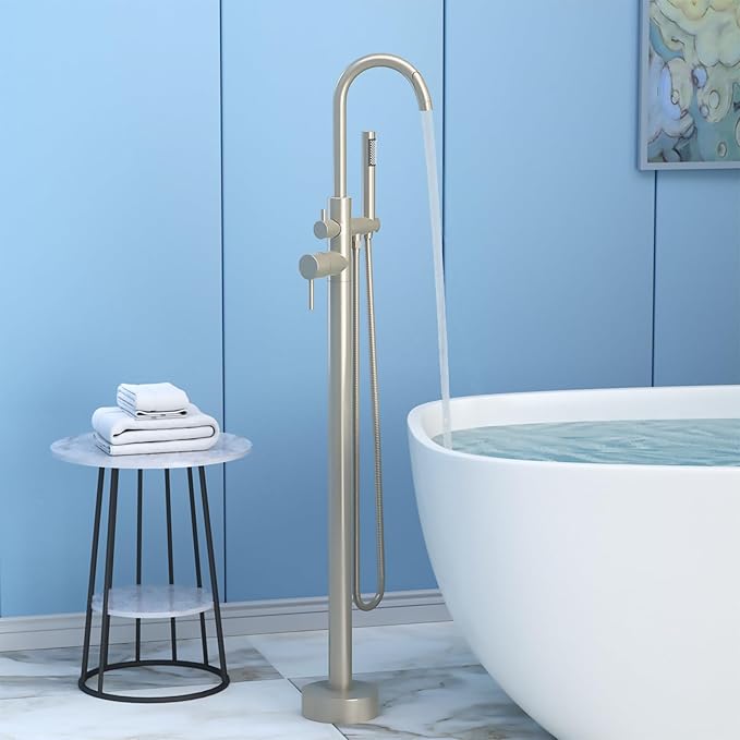 Freestanding Tub Filler Brushed Nickel Floor Mount Bathtub Faucet Bathroom,Rough-in Valve 2 Function Handshower for Tub Rinsing Bathing,Anti-Wobble Base,Cylinder Handheld