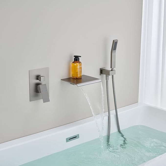 Wall Mount Tub Filler Waterfall Tub Faucet Brushed Nickel Bathtub Faucet Brass Single Handle Bathroom Faucet with Hand Shower