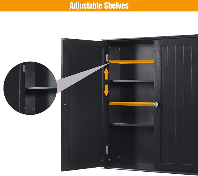 Blcak Bathroom Cabinet Wall Mounted, Bathroom Wall Cabinet Over Toilet, Hanging Cabinet for Bathroom, Bathroom Medicine Cabinet with 2 Doors and Adjustable Shelves, Wood