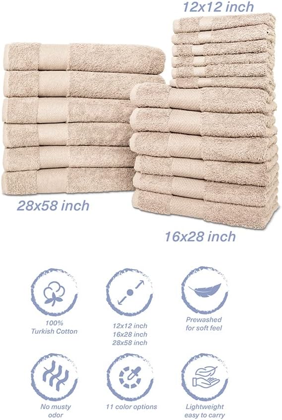 Hencely 18-Piece Bath Towel Set - High Absorbency, Quick Drying - 100% Soft Turkish Cotton - 6 Bath Towels, 6 Hand Towels, 6 Washcloths - Bathroom, Home, Hotel, Spa, and Gym - 18-Pack Beige