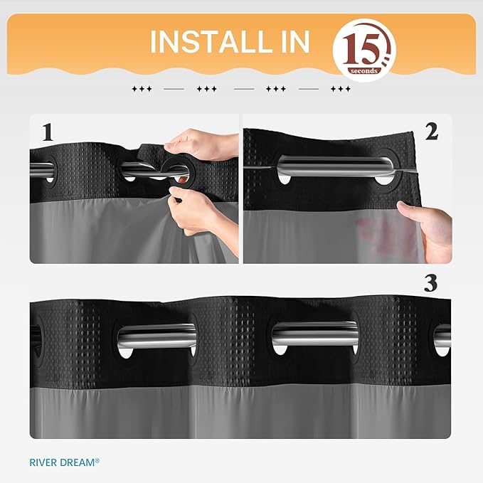 River Dream Heavyweight No Hooks Required Dotted Waffle Weave Shower Curtain with Snap in Liner -Stall 54W x 80H,Hotel Grade,Spa Like Bath Curtain,Black