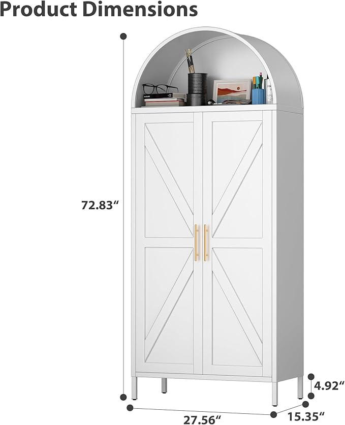 73'' Tall Metal Arched Cabinet, Modern Arch Bookcase Display Cabinet with Doors/Shelves/Internal Drawers for Home Office Kitchen Bar Living Room(White)
