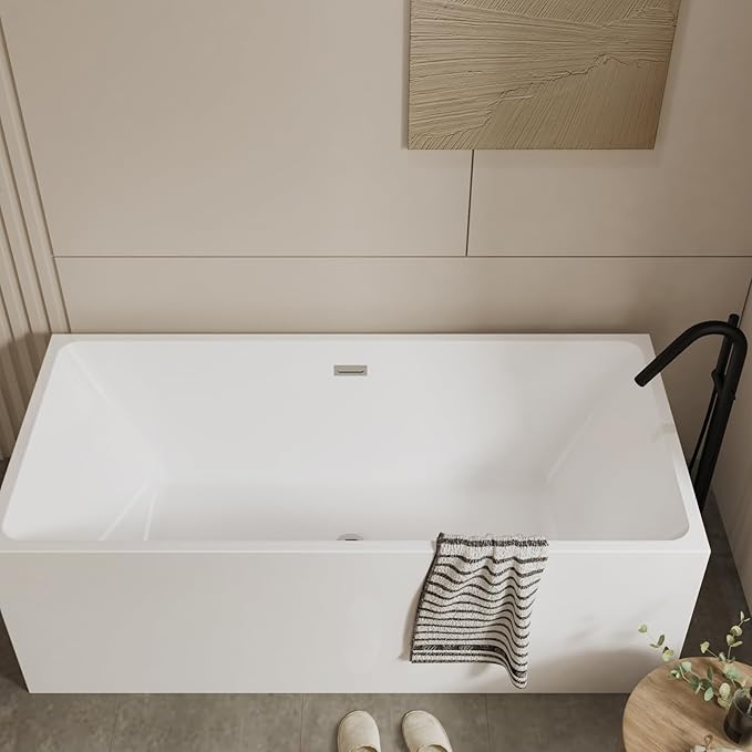 59" Freestanding Bathtub，Acrylic Deep Soak Tub, Glossy White, Easy Install with Overflow & Drain