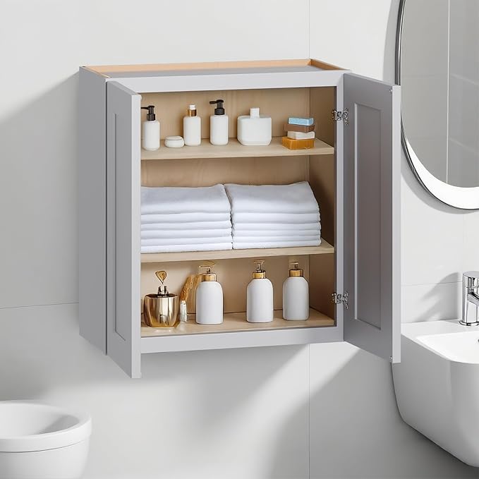 27 Inch Medicine Cabinet Wall Mounted, Solid Wood Over The Toilet Storage Cabinet, Bathroom Organizer Cabinets with 2 Door & 3 Shelves, Easy to Assemble for Laundry Room, Kitchen, Garage - Light Gray
