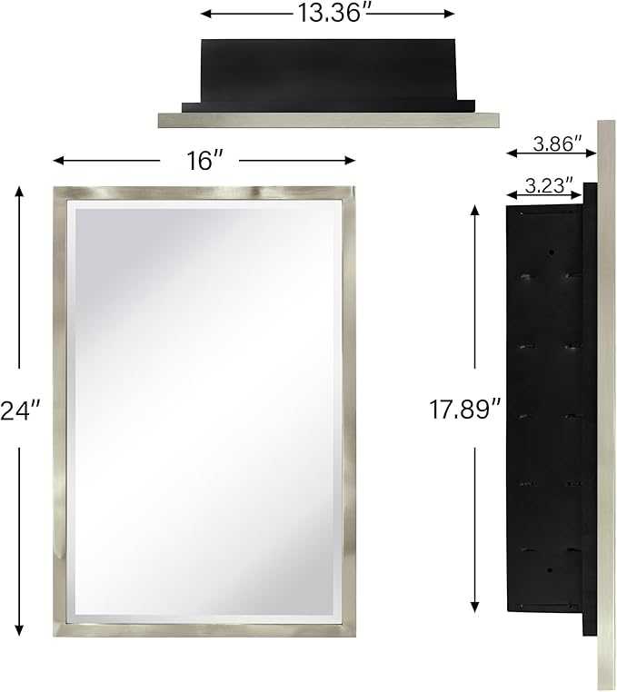 TEHOME Brush Nickel Metal Framed Recessed Bathroom Medicine Cabinet with Mirror Rectangle Tilting Beveled Vanity Mirrors for Wall 16 x 24 inches
