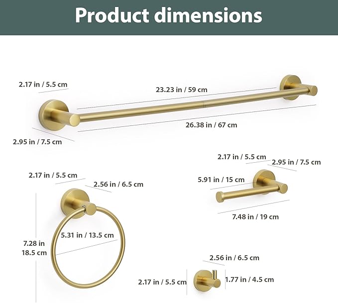 Brushed Gold Bathroom Hardware Set 4 Piece Towel bar Set,Towel Rack for Bathroom Wall Mounted Adjustable Expandable 24 inch Towel Holder Robe Hook Towel Ring Toilet Paper Holder