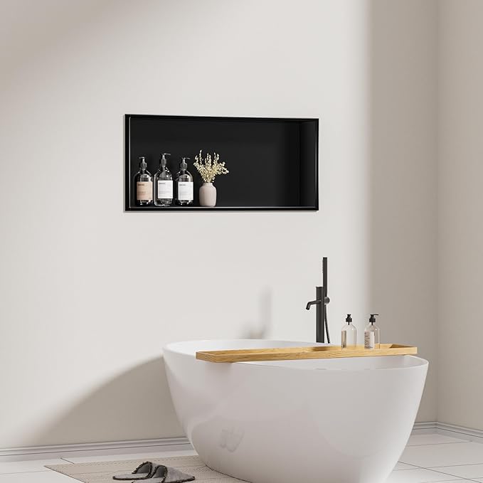 304 Stainless Steel Recessed Shelf,Over Mount Installation for Bathroom & Shower Wall,Waterproof (Black, 24 X 12 X 4 Inches)