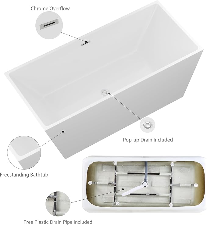Logmey 67 Inch Bathtub White Acrylic Freestanding Rectangle Deep Soaking Tub with Chrome Drain & Overflow Assembly for Classic and Modern Bathrooms