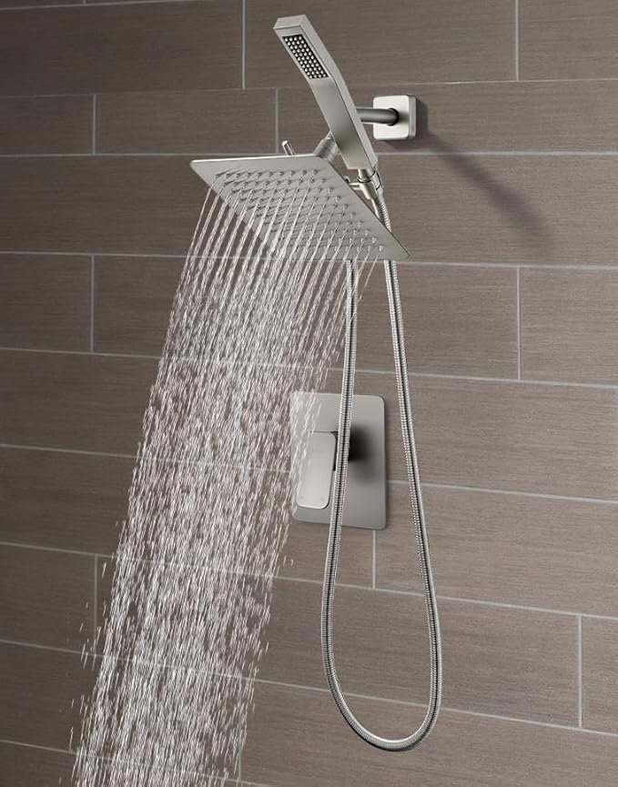 All Metal Shower Faucet Set, Dual Square Shower Head System with Handheld Wand, Diverter, Hose Complete Combo, Pressure Balance Rough-in Valve Included(Brushed Nickel)