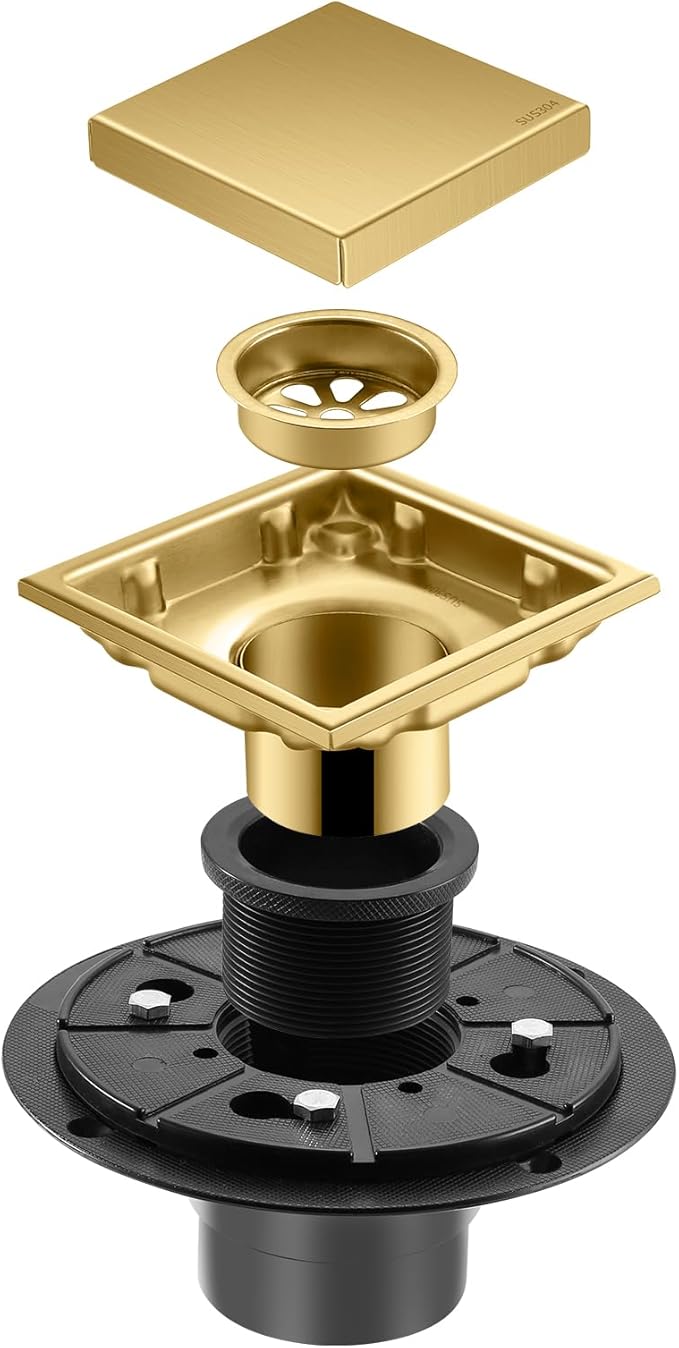 Hidden Brushed Square Shower Floor Drain, Gold 4 inch, 304 Stainless Steel, with Flange, Detachable Cover Embedded in Ceramic Tiles