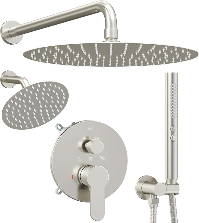 Shower Systems STARBATH 12+6" Round Dual Rainfall Shower Head with Handheld Spray for Two People, Wall Mounted 3 Way Rain Shower Faucet Sets Complete, Included Valve and Trim Kit, Brushed Nickel