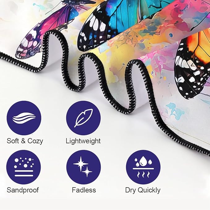 Artistic Watercolor Butterfly Beach Towel 36"x72" Quick-Dry Soft Microfiber Pool Camping Travel Towel