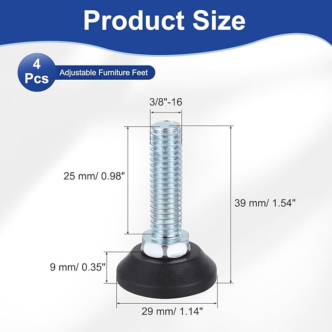 uxcell 3/8"-16 Thread Furniture Feet Levelers, 4Pcs 25mm l Adjustable Furniture Feet Screw in Threaded Leveling Leg Screw on Chair Foot Glides Leveling for Table Chair Cabinet Black