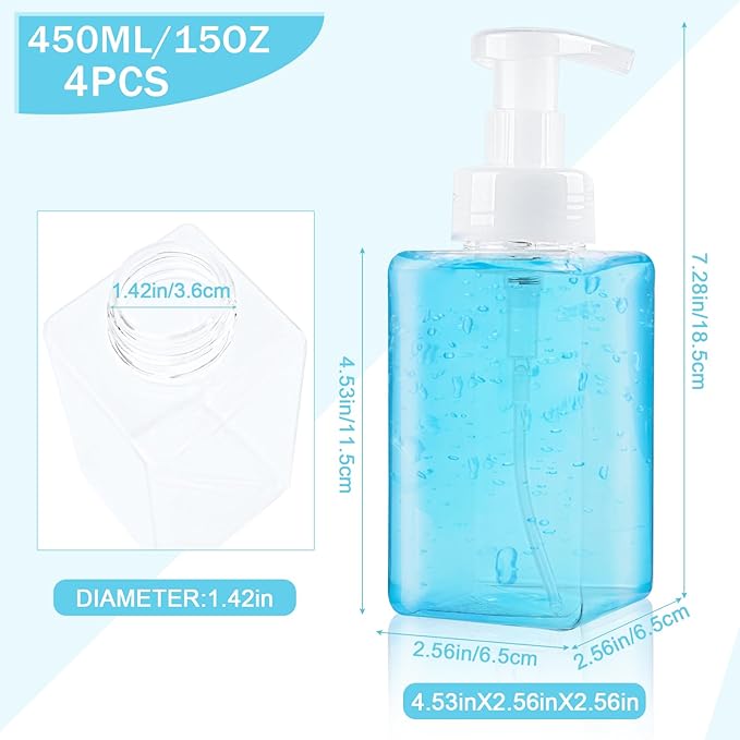 Foaming Soap Dispenser 15oz/450ml Clear Empty Foam Soap Dispensers, Square Refillable Plastic Foaming Hand Soap Dispenser Soap Pump for Liquid Soap, Shampoo, Body Wash(4 Pack)